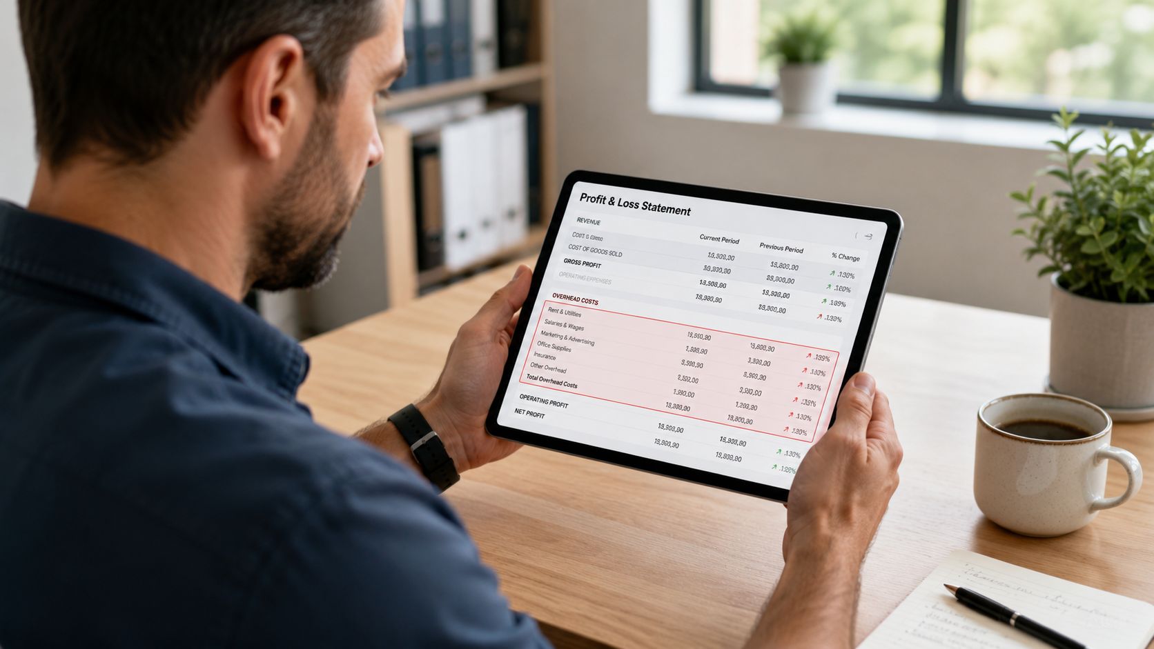 A man reviewing a profit and loss statement on a tablet at his office desk.